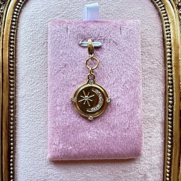 Moon & Star Charm Pendant 18k Gold PVD Stainless Steel Micro Crystals w/ Clasp - Picture 1 of 13